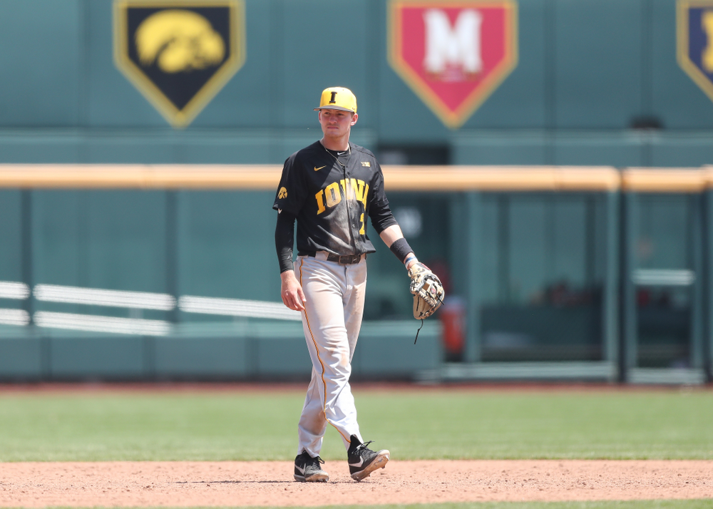 Iowa Hawkeyes infielder Brendan Sher (2) against the Nebraska Cornhuskers in the first round of the Big Ten Baseball Tournament Friday, May 24, 2019 at TD Ameritrade Park in Omaha, Neb. (Brian Ray/hawkeyesports.com)