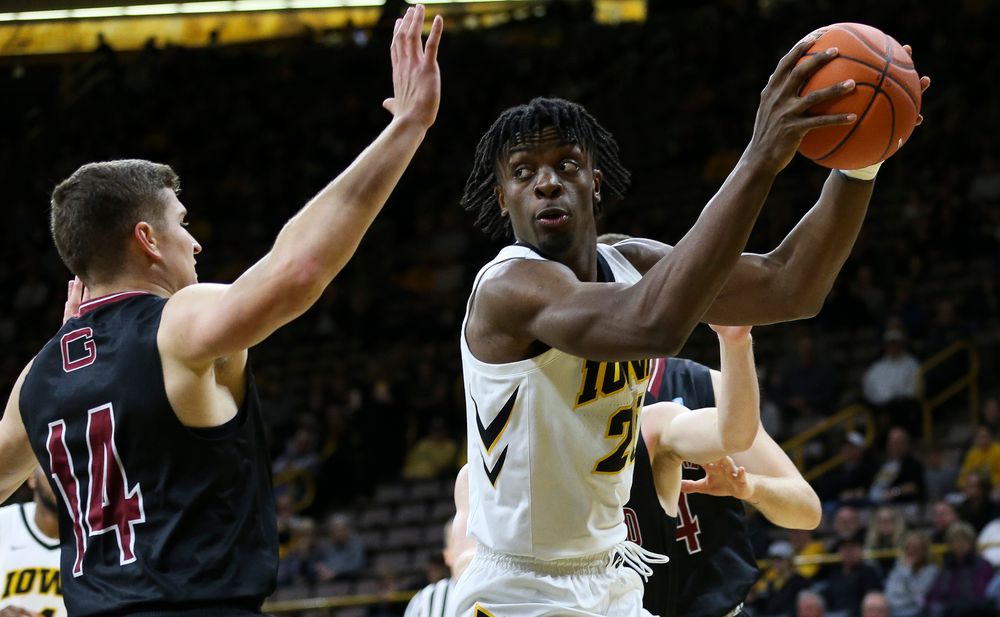 Iowa Hawkeyes forward Tyler Cook (25) gathers himself under the basket during a game against Guilford College at Carver-Hawkeye Arena on November 4, 2018. (Tork Mason/hawkeyesports.com)