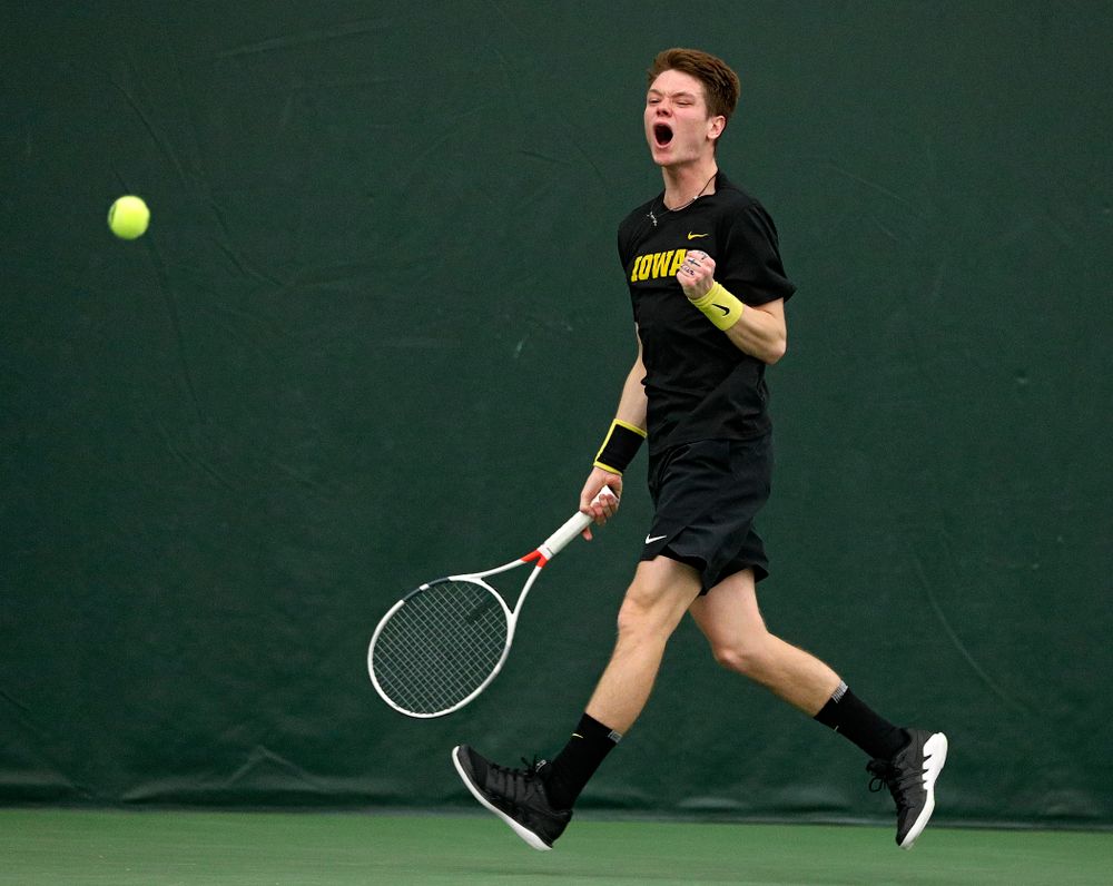 Iowa’s Jason Kerst celebrates a point during his singles match at the Hawkeye Tennis and Recreation Complex in Iowa City on Friday, March 6, 2020. (Stephen Mally/hawkeyesports.com)