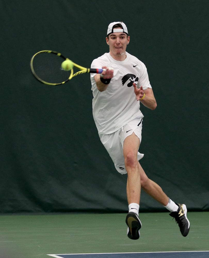 Iowa’s Nikita Snezhko against Cornell Sunday, March 8, 2020 at the Hawkeye Tennis and Recreation Center. (Brian Ray/hawkeyesports.com)