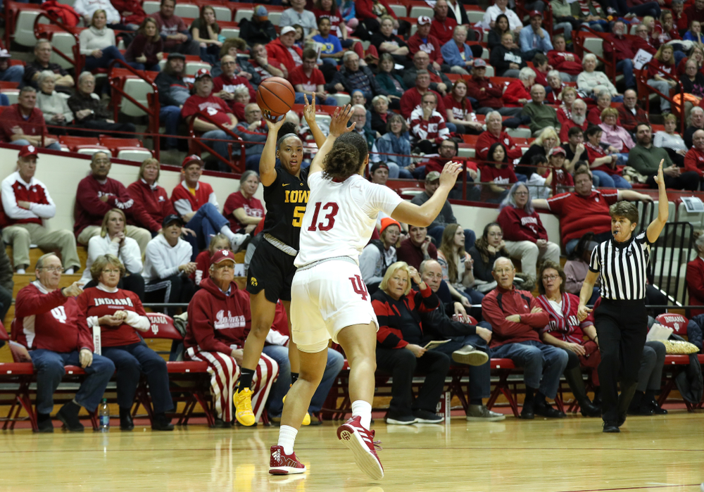 Iowa Hawkeyes guard Alexis Sevillian (5) against the Indiana Hoosiers Thursday, February 21, 2019 at Simon Skjodt Assembly Hall. (Brian Ray/hawkeyesports.com)