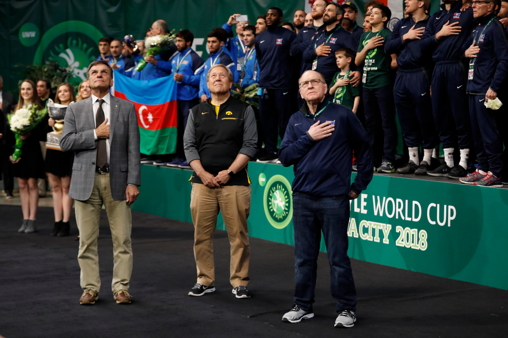 University of Iowa President Bruce Harreld and Dan Gable following the gold medal match of the United World Wrestling Freestyle World Cup against Azerbaijan Sunday, April 8, 2018 at Carver-Hawkeye Arena. (Brian Ray/hawkeyesports.com)