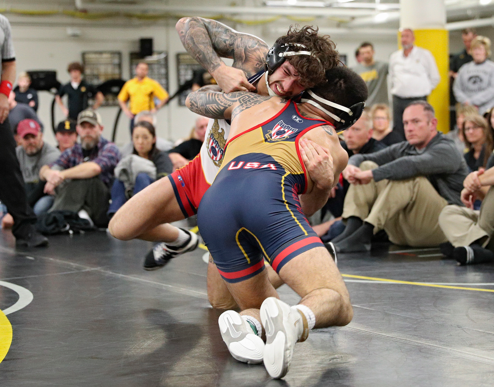 Iowa’s Vince Turk (from left) tries to hold off Pat Lugo during their preseason match at the Dan Gable Wrestling Complex at Carver-Hawkeye Arena in Iowa City on Friday, Nov 8, 2019. (Stephen Mally/hawkeyesports.com)