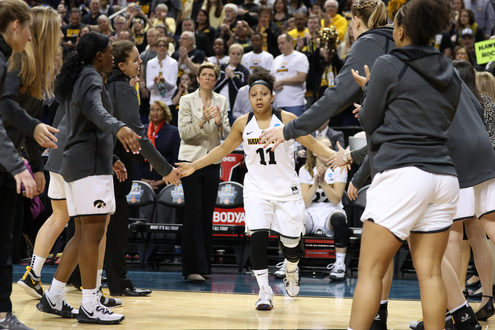 Iowa Hawkeyes guard Tania Davis (11) against the NC State Wolfpack in the regional semi-final of the 2019 NCAA Women's College Basketball Tournament Saturday, March 30, 2019 at Greensboro Coliseum in Greensboro, NC.(Brian Ray/hawkeyesports.com)