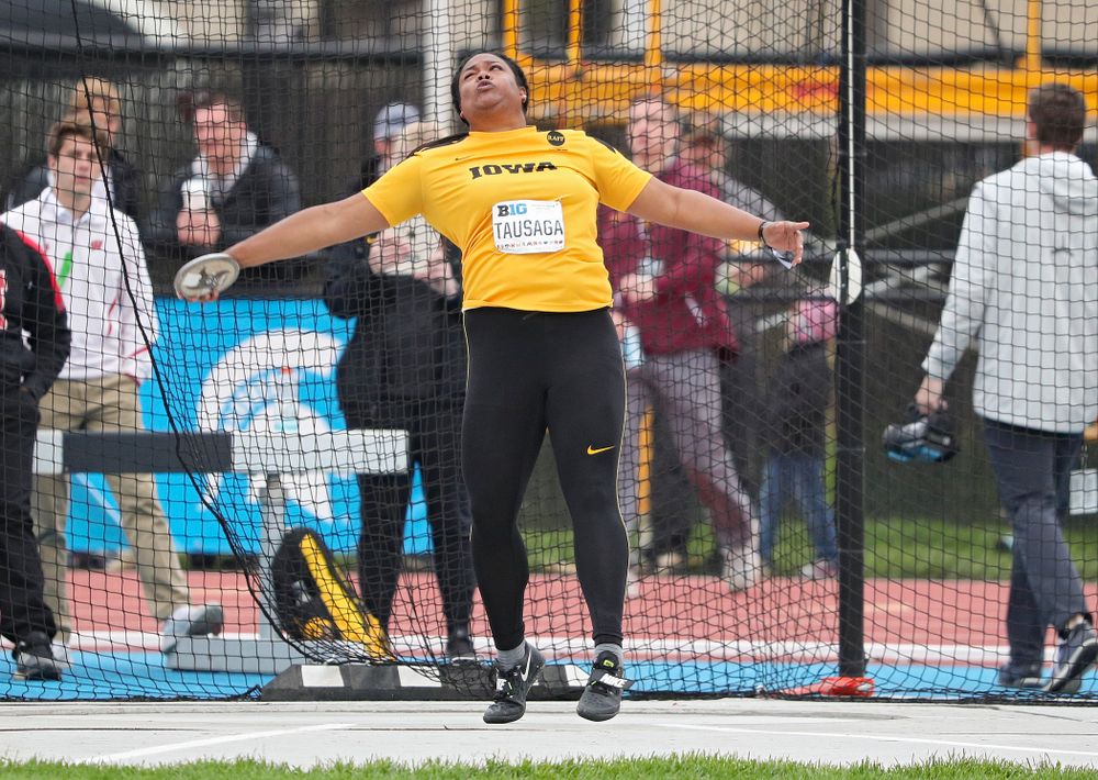 Iowa's Laulauga Tausaga throws in the women’s discus event on the third day of the Big Ten Outdoor Track and Field Championships at Francis X. Cretzmeyer Track in Iowa City on Sunday, May. 12, 2019. (Stephen Mally/hawkeyesports.com)