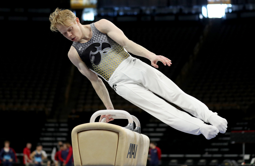 Iowa’s Nick Merryman competes on the Pommel Horse against UIC and Minnesota Saturday, February 1, 2020 at Carver-Hawkeye Arena. (Brian Ray/hawkeyesports.com)