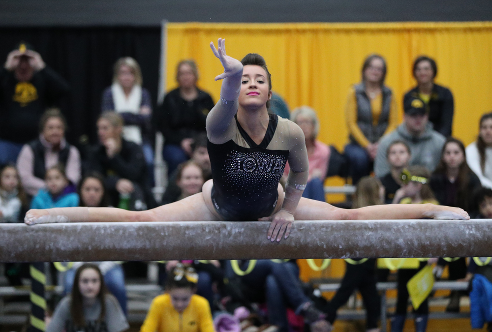 Madison Kampschroeder competes on the beam during the Black and Gold intrasquad meet Saturday, December 1, 2018 at the University of Iowa Field House. (Brian Ray/hawkeyesports.com)