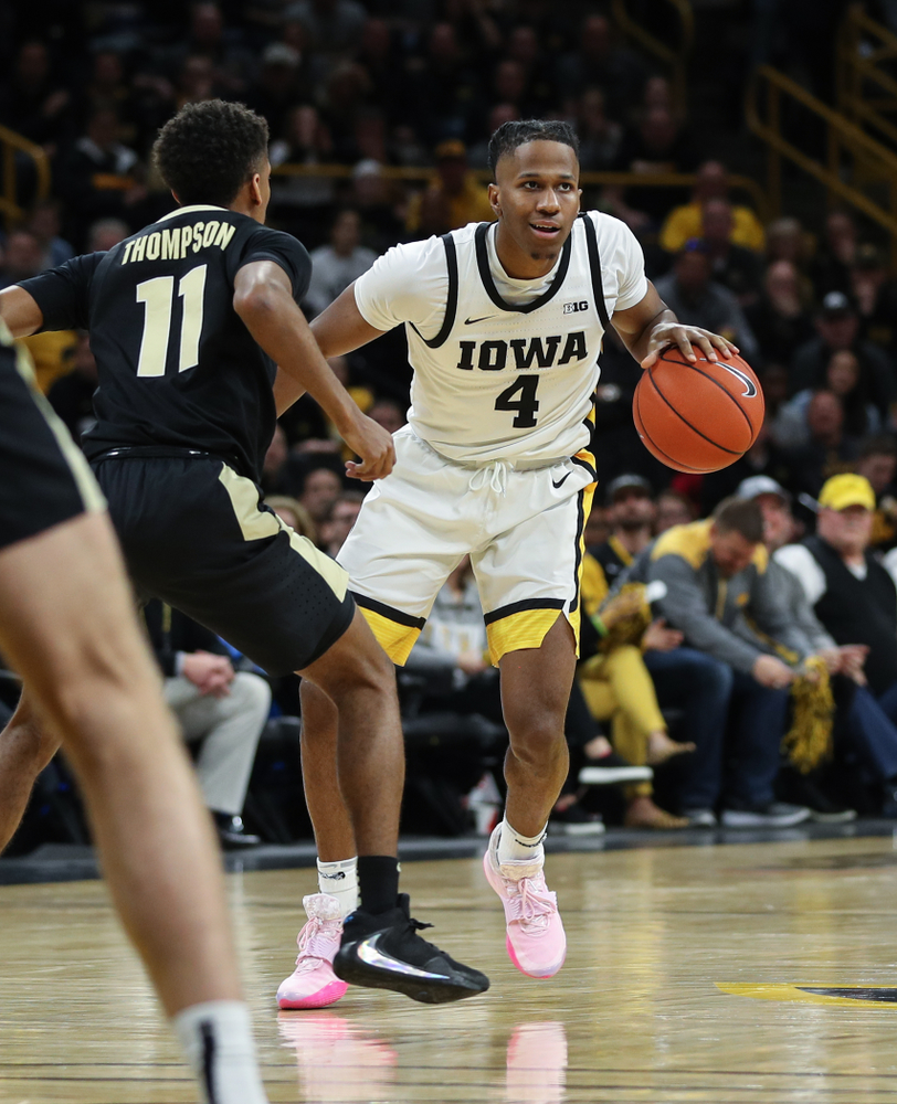 Iowa Hawkeyes guard Bakari Evelyn (4) against the Purdue Boilermakers Tuesday, March 3, 2020 at Carver-Hawkeye Arena. (Brian Ray/hawkeyesports.com)