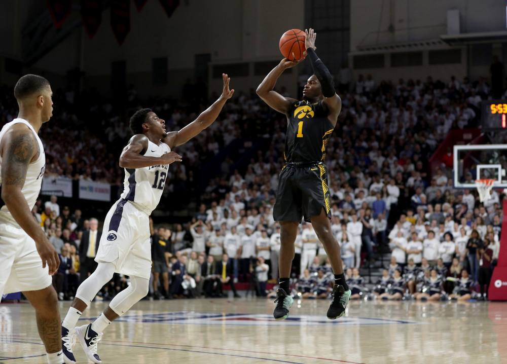 Iowa Hawkeyes guard Joe Toussaint (1) against Penn State Saturday, January 4, 2020 at the Palestra in Philadelphia. (Brian Ray/hawkeyesports.com)