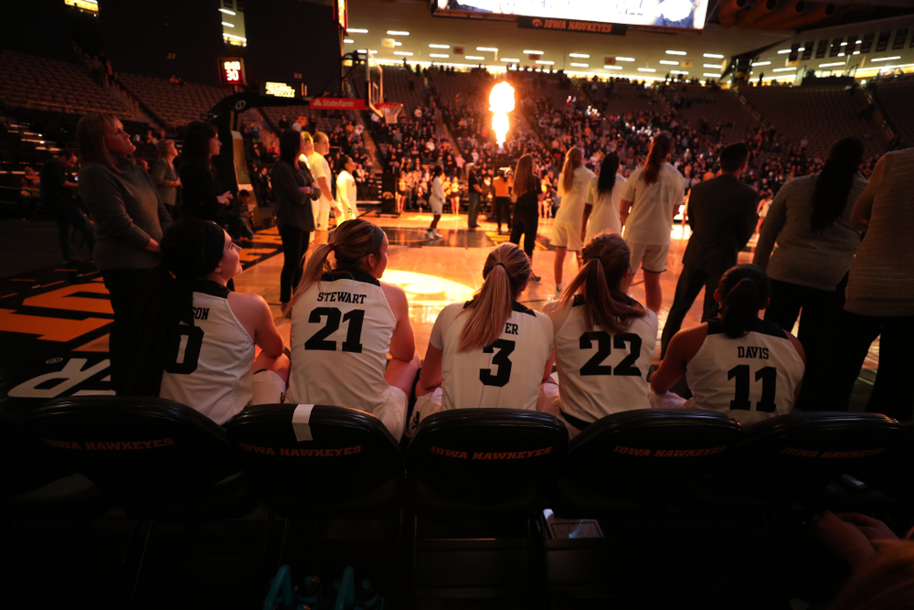 Iowa Hawkeyes forward Megan Gustafson (10), forward Hannah Stewart (21), guard Makenzie Meyer (3), guard Kathleen Doyle (22), and guard Tania Davis (11) before their game against the Wisconsin Badgers Monday, January 7, 2019 at Carver-Hawkeye Arena. (Brian Ray/hawkeyesports.com)
