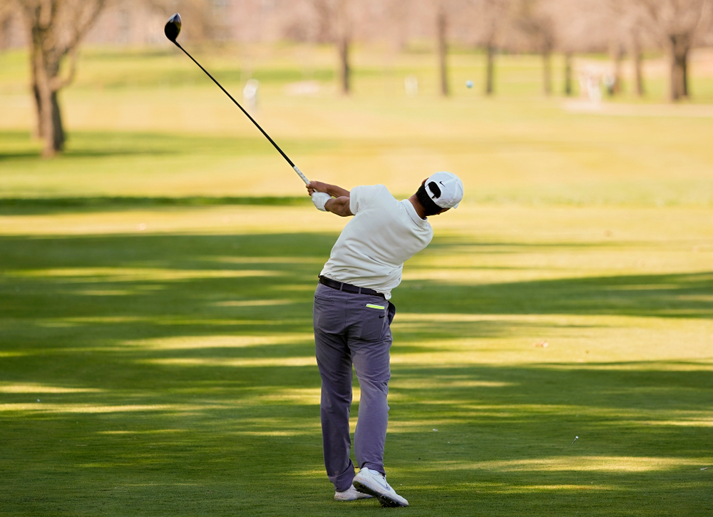 Iowa's Joe Kim tees off during the second round of the Hawkeye Invitational at Finkbine Golf Course in Iowa City on Saturday, Apr. 20, 2019. (Stephen Mally/hawkeyesports.com)