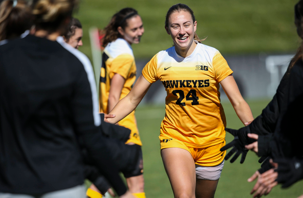 Iowa Hawkeyes defender Sara Wheaton (24) is introduced before a game against Northwestern at the Iowa Soccer Complex on October 21, 2018. (Tork Mason/hawkeyesports.com)