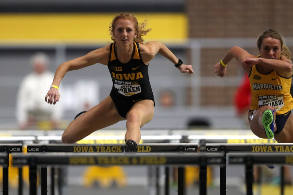 Iowa's Kylie Morken competes in the 60-meter hurdles during the Black and Gold Premier meet Saturday, January 26, 2019 at the Recreation Building. (Brian Ray/hawkeyesports.com)