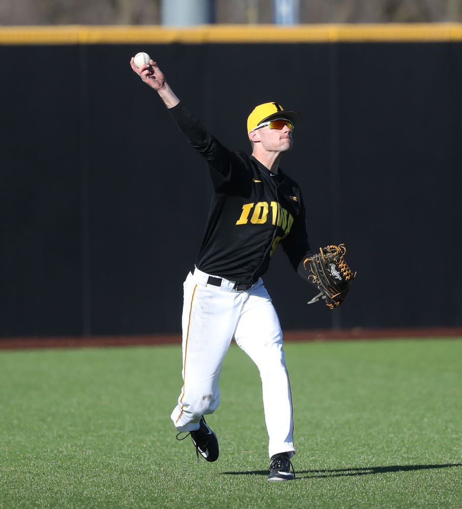 Iowa Hawkeyes outfielder Ben Norman (9) against the Bradley Braves Tuesday, March 26, 2019 at Duane Banks Field. (Brian Ray/hawkeyesports.com)