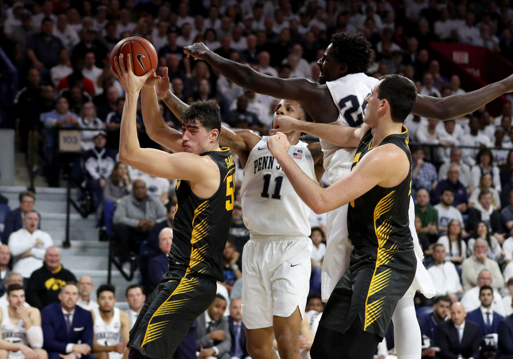 Iowa Hawkeyes forward Luka Garza (55) against Penn State Saturday, January 4, 2020 at the Palestra in Philadelphia. (Brian Ray/hawkeyesports.com)