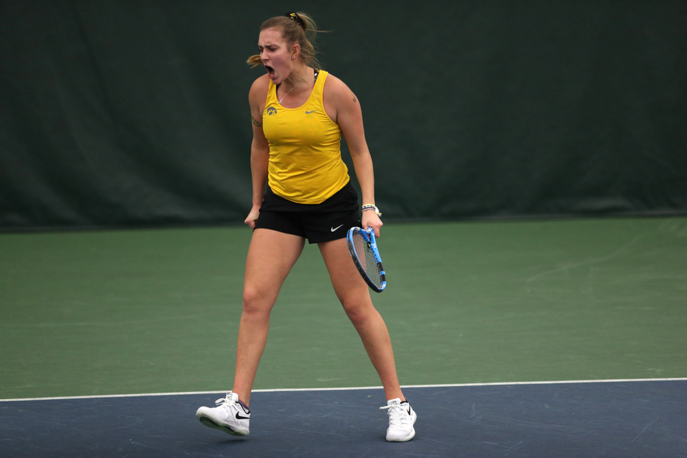 Iowa's Ashleigh Jacobs against the Iowa State Cyclones Friday, February 8, 2019 at the Hawkeye Tennis and Recreation Complex. (Brian Ray/hawkeyesports.com)