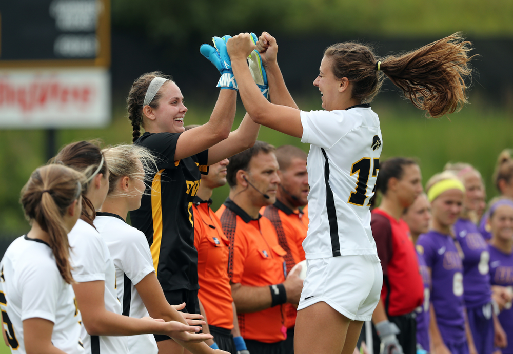 Iowa Hawkeyes goalkeeper Claire Graves (1) and defender Hannah Drkulec (17) during a 6-1 win over Northern Iowa Sunday, August 25, 2019 at the Iowa Soccer Complex. (Brian Ray/hawkeyesports.com)