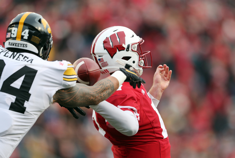 Iowa Hawkeyes defensive end A.J. Epenesa (94) against the Wisconsin Badgers Saturday, November 9, 2019 at Camp Randall Stadium in Madison, Wisc. (Brian Ray/hawkeyesports.com)