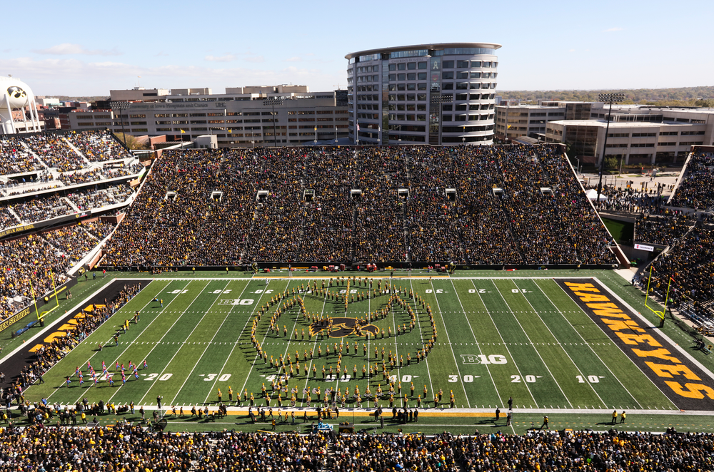 The Iowa Hawkeye Marching Band performs at halftime during a game against Maryland at Kinnick Stadium on October 20, 2018. (Tork Mason/hawkeyesports.com)