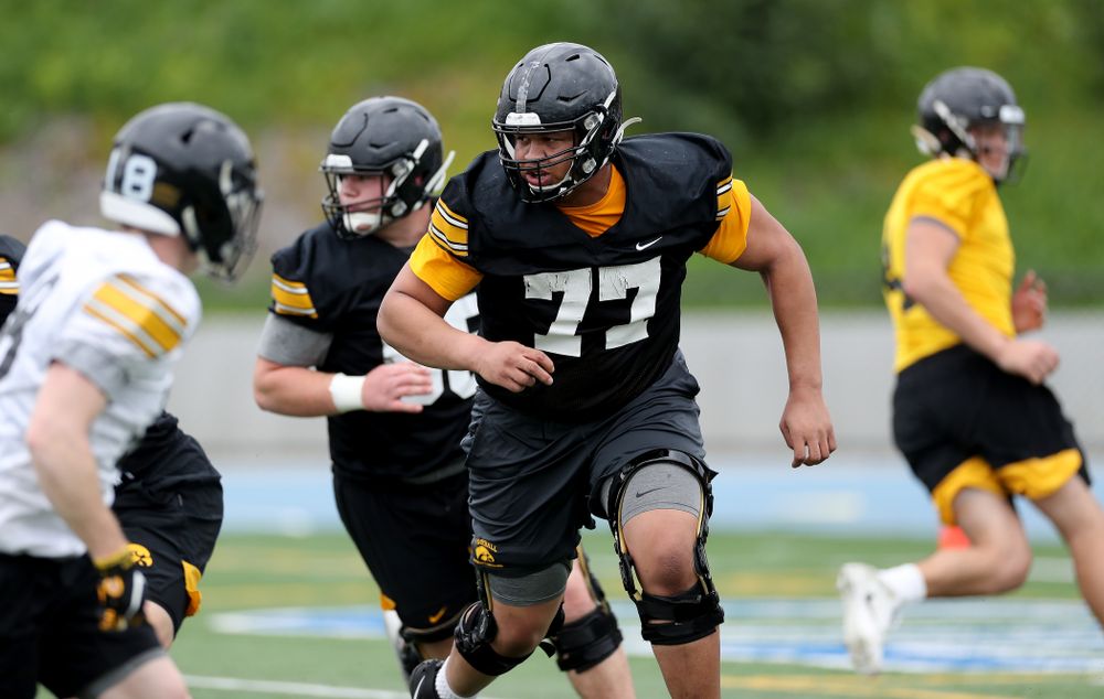 Iowa Hawkeyes offensive lineman Alaric Jackson (77) during practice Sunday, December 22, 2019 at Mesa College in San Diego. (Brian Ray/hawkeyesports.com)
