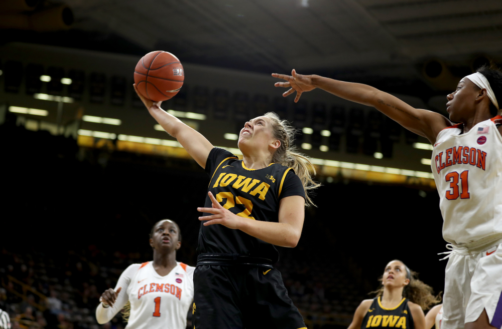 Iowa Hawkeyes guard Kathleen Doyle (22) against Clemson Wednesday, December 4, 2019 at Carver-Hawkeye Arena. (Brian Ray/hawkeyesports.com)