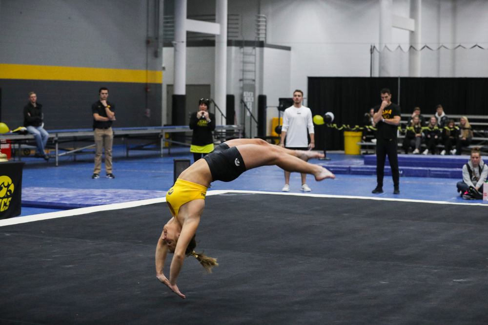 Alex Greenwald performs a floor routine during the Iowa women’s gymnastics Black and Gold Intraquad Meet on Saturday, December 7, 2019 at the UI Field House. (Lily Smith/hawkeyesports.com)