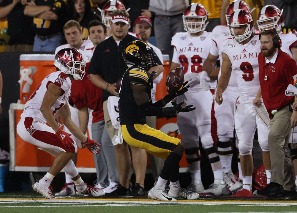 Iowa Hawkeyes defensive back Matt Hankins (8) breaks up a pass against the Miami RedHawks Saturday, August 31, 2019 at Kinnick Stadium in Iowa City. (Brian Ray/hawkeyesports.com)