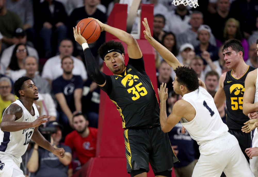 Iowa Hawkeyes forward Cordell Pemsl (35) against Penn State Saturday, January 4, 2020 at the Palestra in Philadelphia. (Brian Ray/hawkeyesports.com)