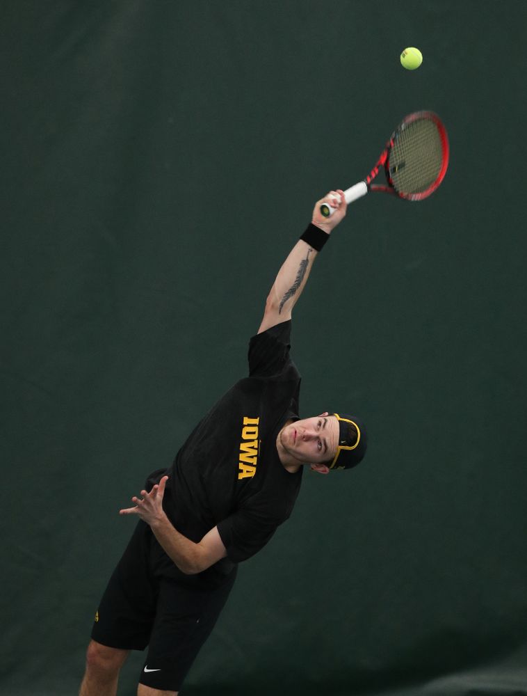 Iowa's Jonas Larsen against UMKC Friday, February 15, 2019 at the Hawkeye Tennis and Recreation Complex. (Brian Ray/hawkeyesports.com)