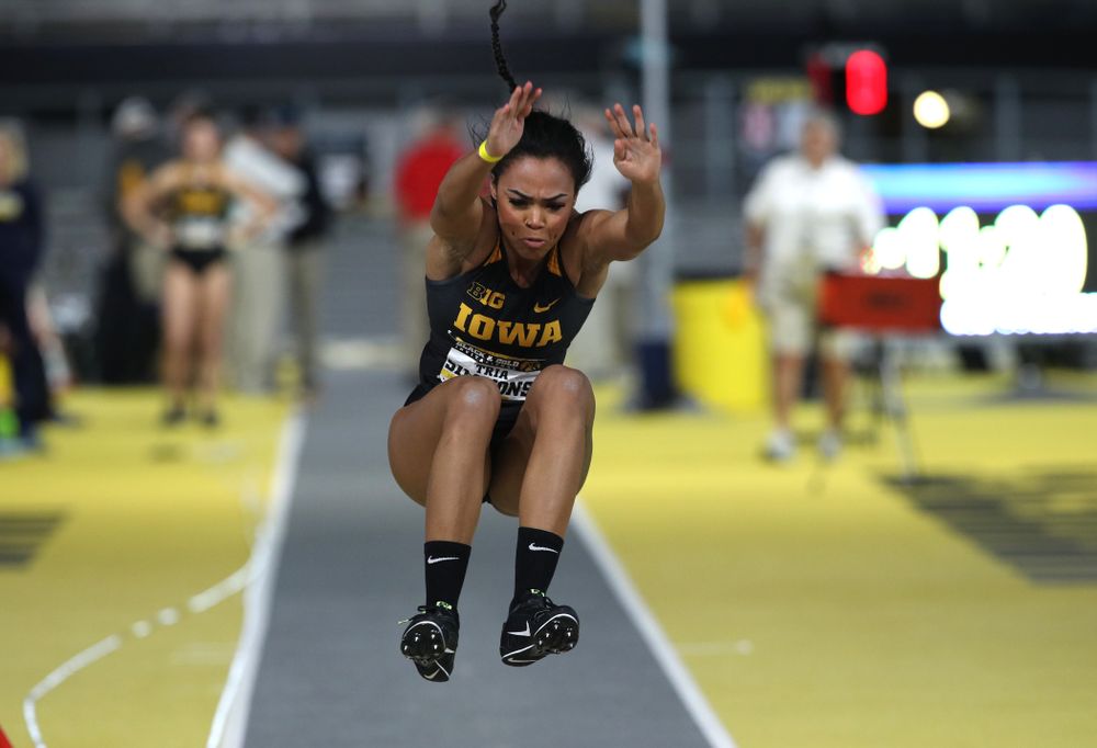 Iowa's Tria Simmons competes in the long jump during the Black and Gold Premier meet Saturday, January 26, 2019 at the Recreation Building. (Brian Ray/hawkeyesports.com)