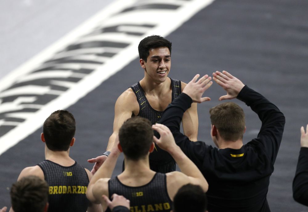 Iowa's Andrew Herrador competes on the floor against Oklahoma Saturday, February 9, 2019 at Carver-Hawkeye Arena. (Brian Ray/hawkeyesports.com)