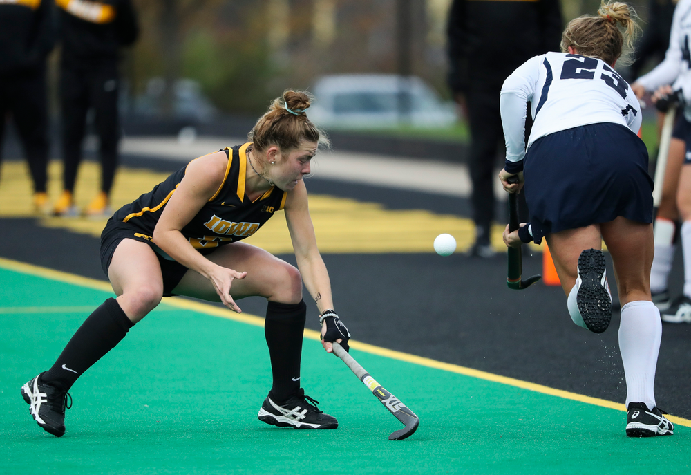 Iowa Hawkeyes midfielder Nikki Freeman (8) defends during a game against No. 6 Penn State at Grant Field on October 12, 2018. (Tork Mason/hawkeyesports.com)