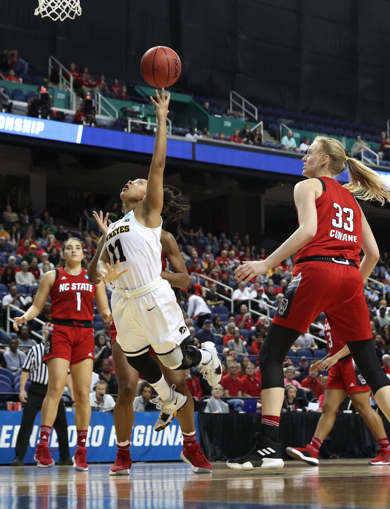 Iowa Hawkeyes guard Tania Davis (11) against the NC State Wolfpack in the regional semi-final of the 2019 NCAA Women's College Basketball Tournament Saturday, March 30, 2019 at Greensboro Coliseum in Greensboro, NC.(Brian Ray/hawkeyesports.com)