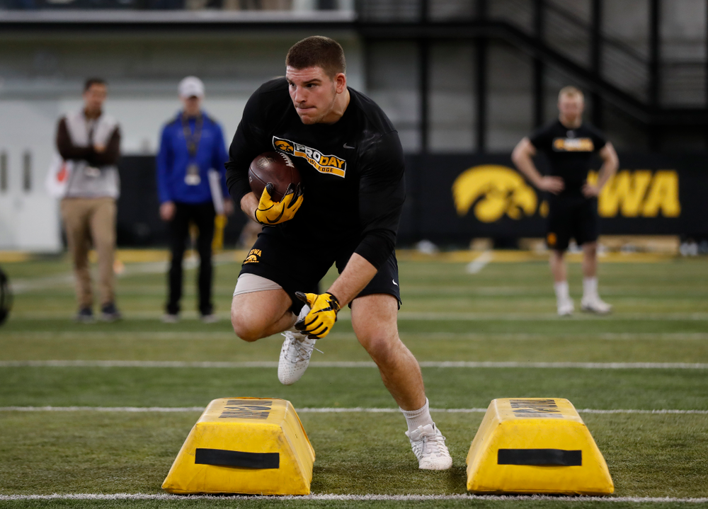 Iowa Hawkeyes fullback Drake Kulick (45) during the team's annual pro day Monday, March 26, 2018 at the Hansen Football Performance Center. (Brian Ray/hawkeyesports.com)