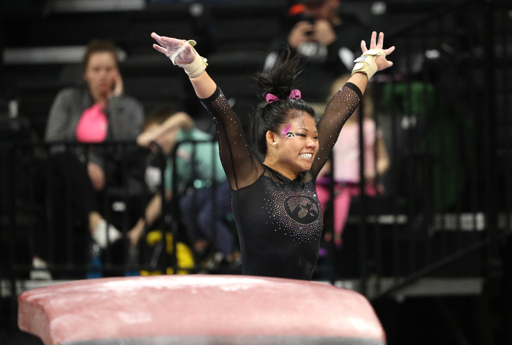 Iowa's Misty-Jade Carlson competes on the vault against the Minnesota Golden Gophers Saturday, January 19, 2019 at Carver-Hawkeye Arena. (Brian Ray/hawkeyesports.com)