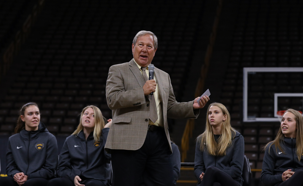 University of Iowa President Bruce Harreld speaks during the Iowa WomenÕs Basketball Celebr-Eight event Wednesday, April 24, 2019 at Carver-Hawkeye Arena. (Brian Ray/hawkeyesports.com)