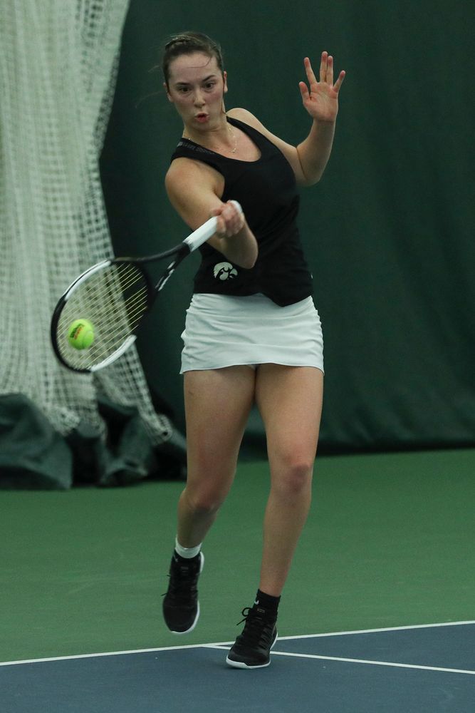 Iowa’s Samantha Mannix returns a hit during the Iowa women’s tennis meet vs DePaul on Friday, February 21, 2020 at the Hawkeye Tennis and Recreation Complex. (Lily Smith/hawkeyesports.com)