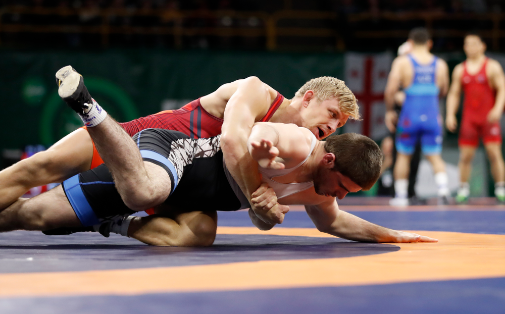 Kyle Dake during session three of the United World Wrestling Freestyle World Cup Sunday, April 8, 2018 at Caver-Hawkeye Arena. (Brian Ray/hawkeyesports.com)