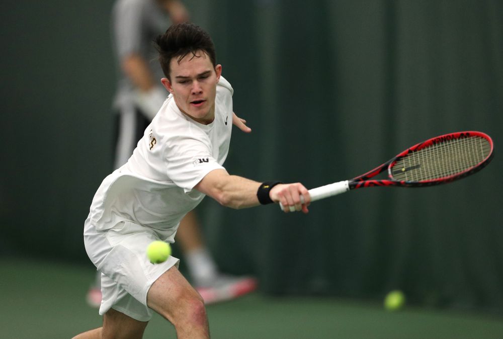 Iowa's Jonas Larsen against North Dakota Friday, January 25, 2019 at the Hawkeye Tennis and Recreation Complex. (Brian Ray/hawkeyesports.com)
