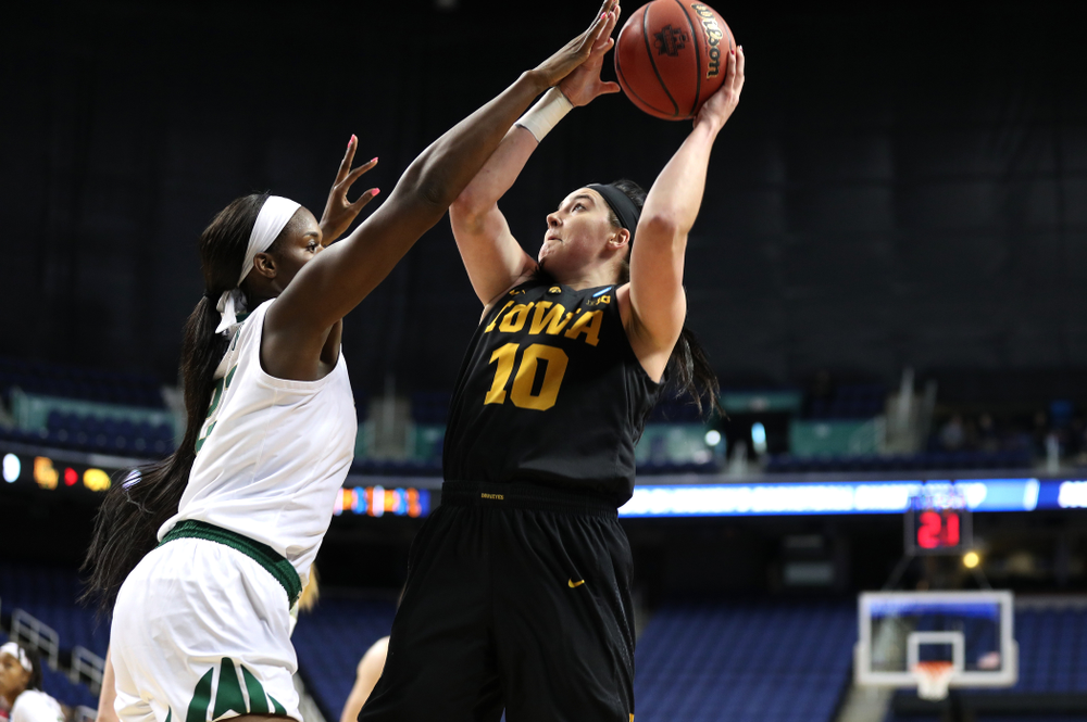 Iowa Hawkeyes forward Megan Gustafson (10) against the Baylor Lady Bears in the regional final of the 2019 NCAA Women's College Basketball Tournament Monday, April 1, 2019 at Greensboro Coliseum in Greensboro, NC.(Brian Ray/hawkeyesports.com)