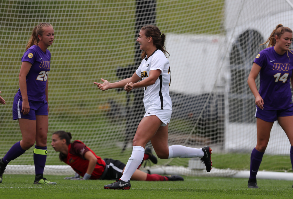 Iowa Hawkeyes defender Hannah Drkulec (17) celebrates after scoring during a 6-1 win over Northern Iowa Sunday, August 25, 2019 at the Iowa Soccer Complex. (Brian Ray/hawkeyesports.com)