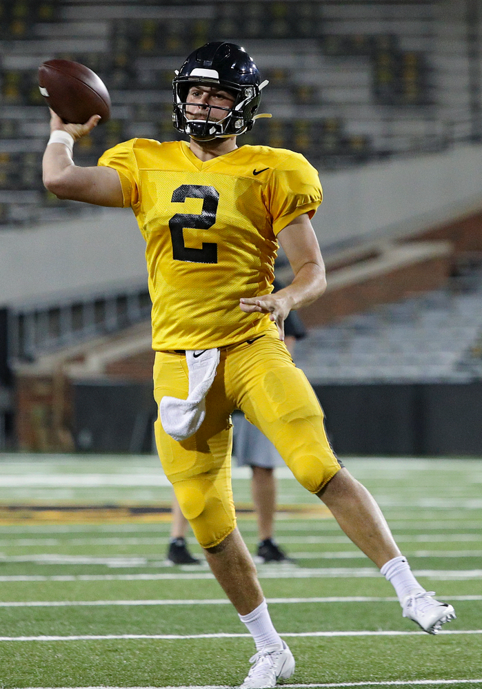 Iowa Hawkeyes quarterback Peyton Mansell (2) throws a pass on the run during Fall Camp Practice No. 12 at Kinnick Stadium in Iowa City on Thursday, Aug 15, 2019. (Stephen Mally/hawkeyesports.com)