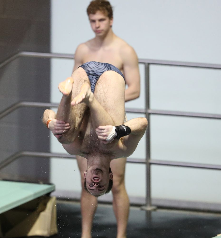 IowaÕs Anton Hoherz competes on the 1 meter springboard against Notre Dame and Illinois Saturday, January 11, 2020 at the Campus Recreation and Wellness Center. (Brian Ray/hawkeyesports.com)