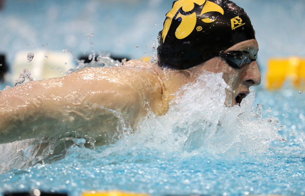 Iowa's Jackson Kuhlers swims the 200 yard butterfly during a double dual against Wisconsin and Northwestern Saturday, January 19, 2019 at the Campus Recreation and Wellness Center. (Brian Ray/hawkeyesports.com)