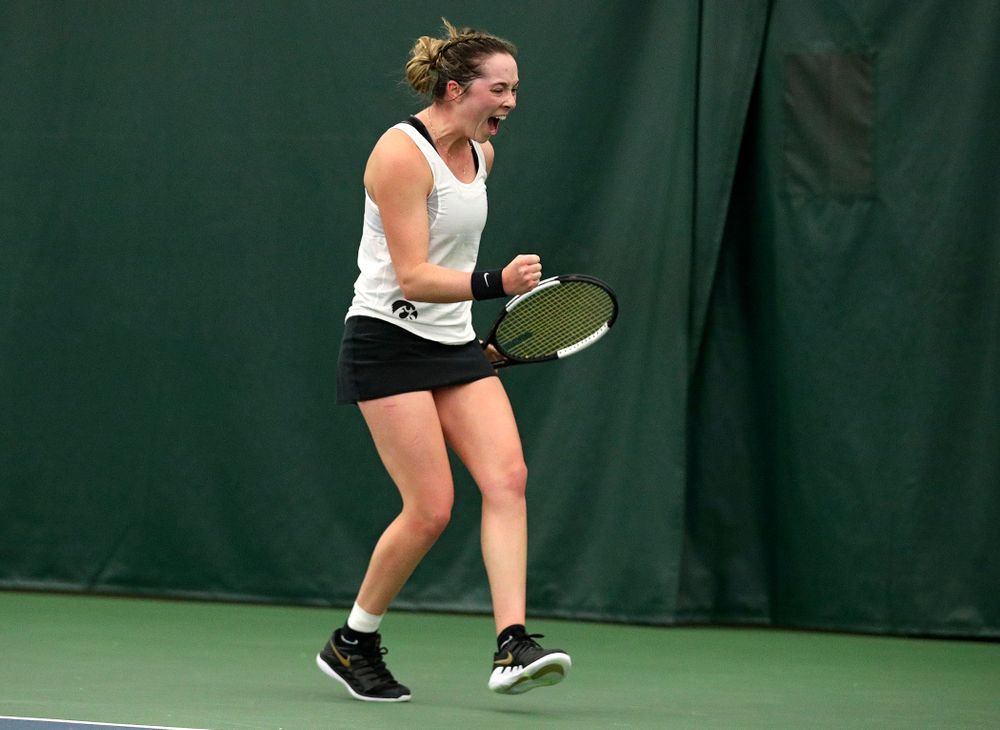 Iowa’s Samantha Mannix celebrates a point during her singles match at the Hawkeye Tennis and Recreation Complex in Iowa City on Sunday, February 23, 2020. (Stephen Mally/hawkeyesports.com)