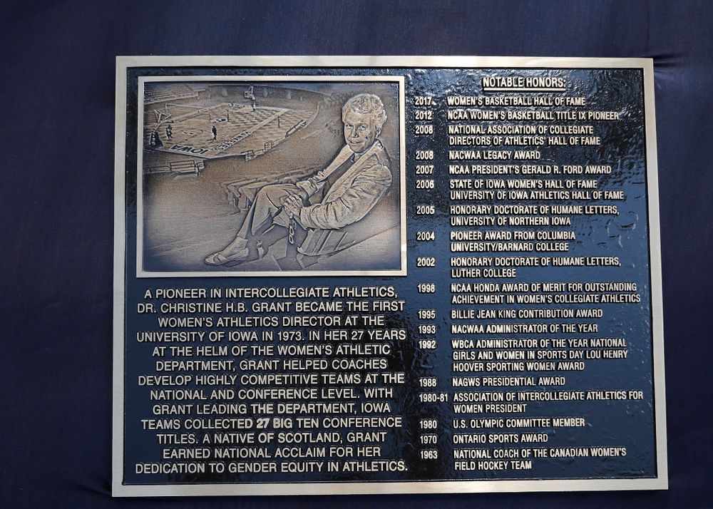 A plaque honoring Dr. Christine Grant unveiledd as part of an alumni reunion Sunday, September 16, 2018 at Grant Field. (Brian Ray/hawkeyesports.com)