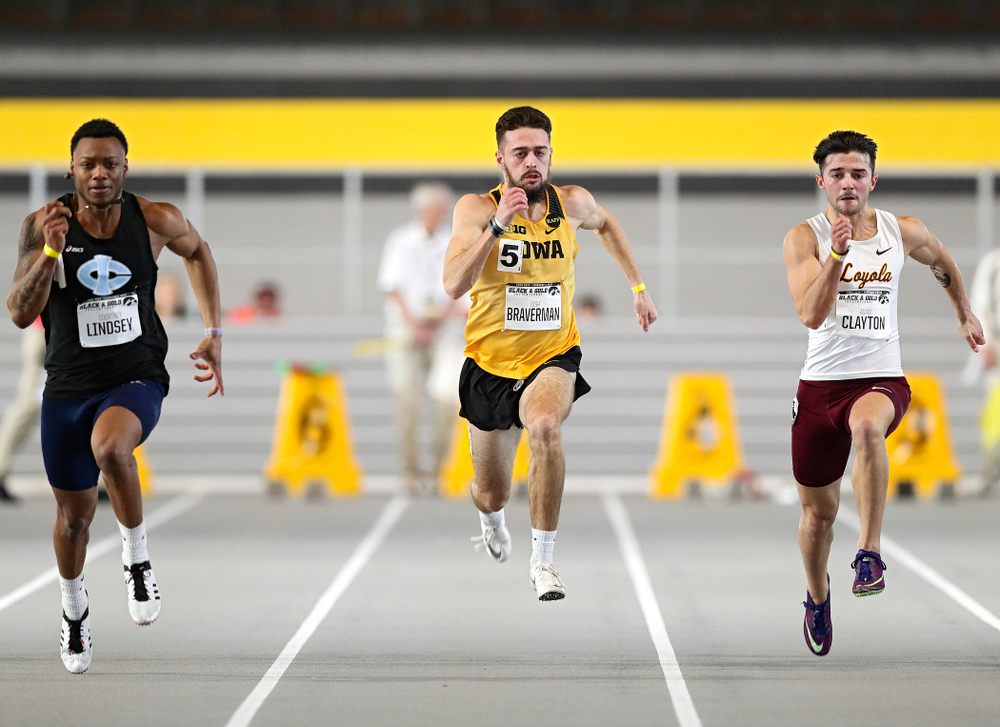 Iowa’s Josh Braverman runs the men’s 60 meter dash event at the Black and Gold Invite at the Recreation Building in Iowa City on Saturday, February 1, 2020. (Stephen Mally/hawkeyesports.com)
