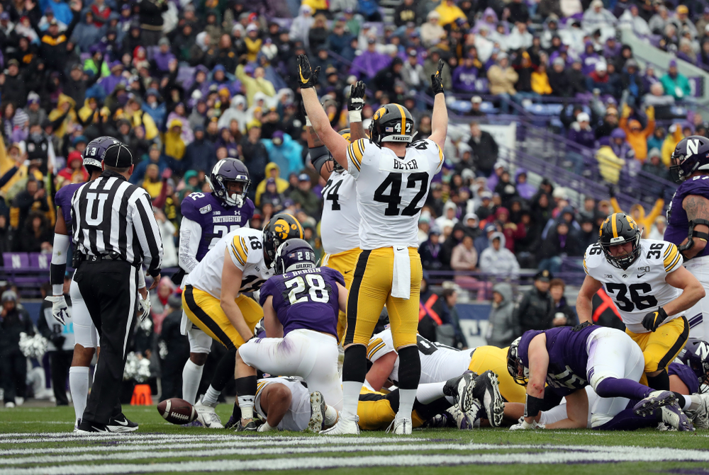 Iowa Hawkeyes tight end Shaun Beyer (42) celebrates a touchdown against the Northwestern Wildcats Saturday, October 26, 2019 at Ryan Field in Evanston, Ill. (Brian Ray/hawkeyesports.com)