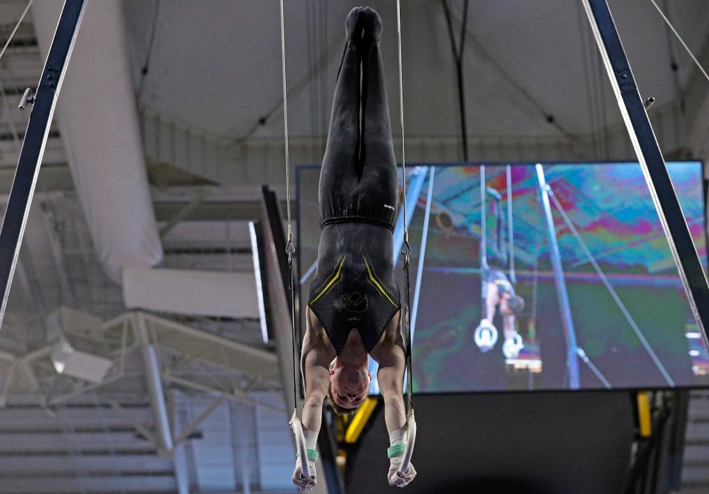 Iowa's Jake Brodarzon competes in the rings during the first day of the Big Ten Men's Gymnastics Championships at Carver-Hawkeye Arena in Iowa City on Friday, Apr. 5, 2019. (Stephen Mally/hawkeyesports.com)