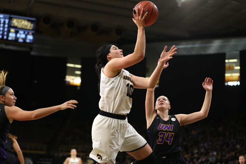 Iowa Hawkeyes forward Megan Gustafson (10) against the Northern Iowa Panthers in the Hy-Vee Classic Sunday, December 16, 2018 at Carver-Hawkeye Arena. (Brian Ray/hawkeyesports.com)